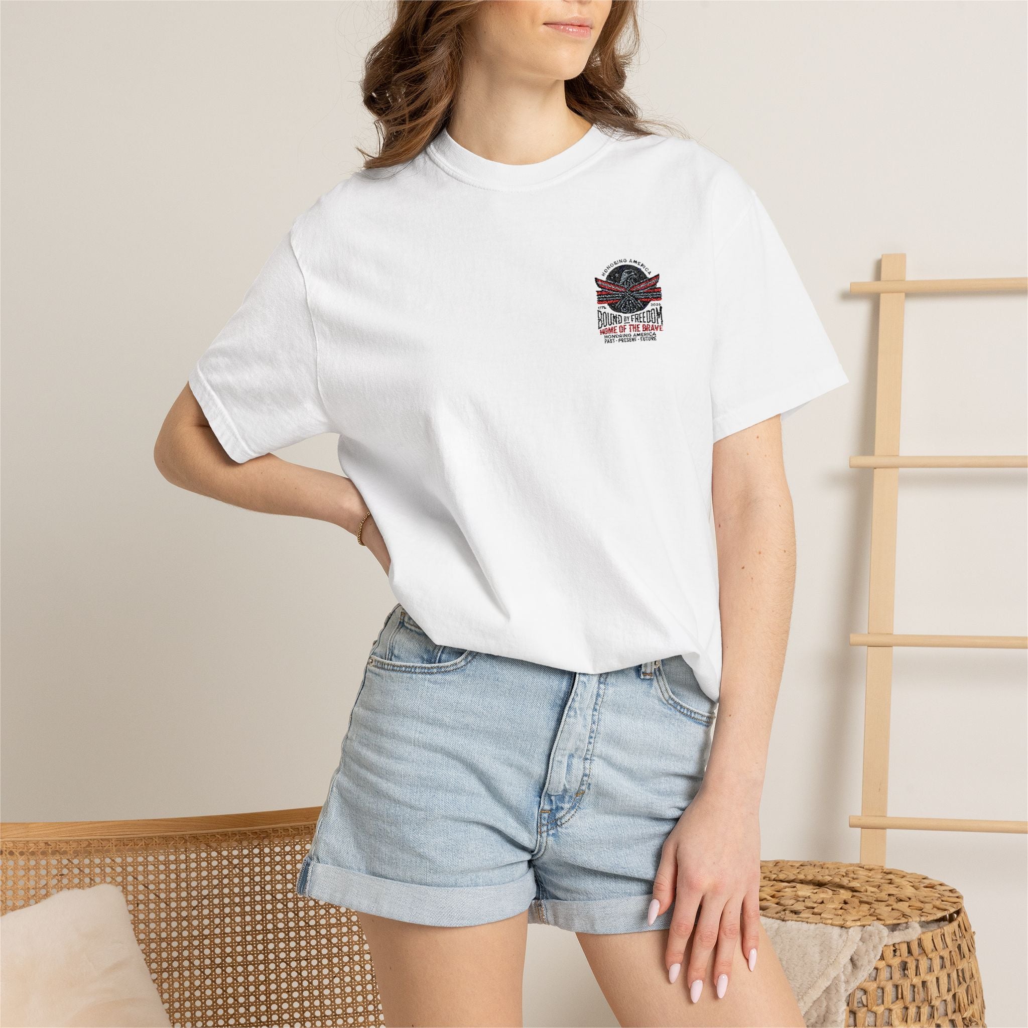 T-Shirt "Home of the Brave" Pocket Graphic — American Flag Skull Design